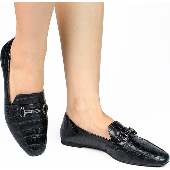 Sapato Mocassim Donatella Shoes Bico Quadrado Croco Preto
