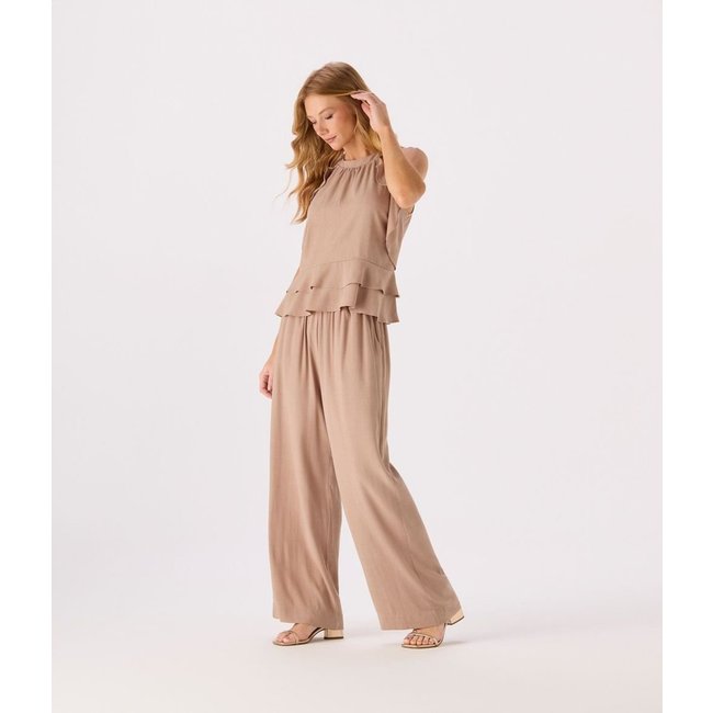 Calca Makenji Pantalona Cos Elastico Feminina Bege Escuro