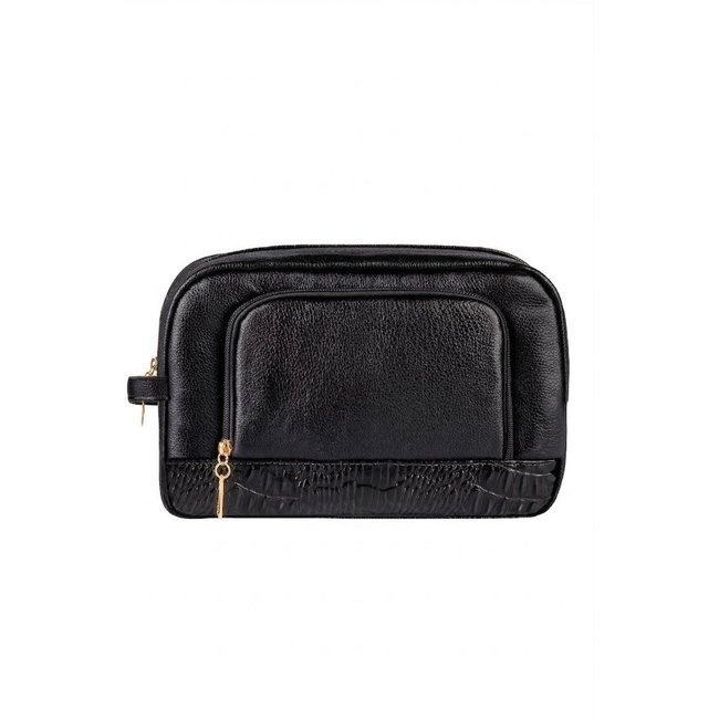 Necessaire de couro liso Manuela 18x28x10cm - Preto