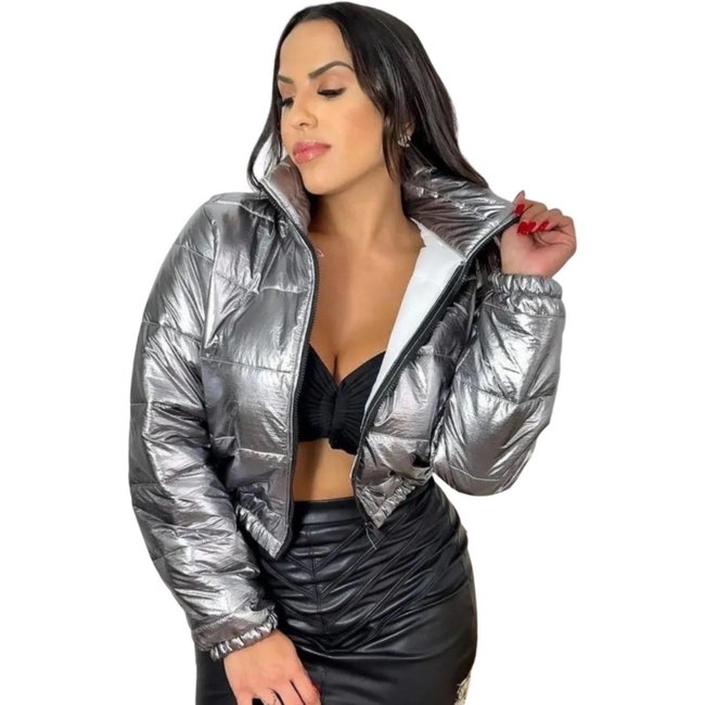 Jaqueta Puffer Metalizada Prata Grafite Metalizada