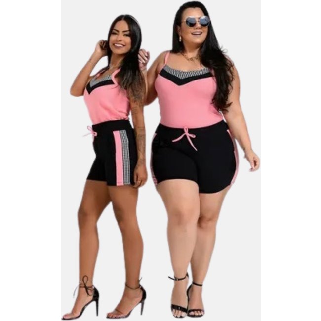 Conjunto Feminino Blusinha Summer Body Regata E Shorts Rosa Xadrez