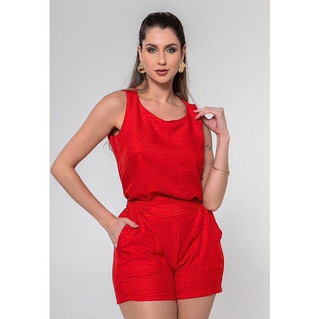 Conjunto Camisa Regata Cropped e Shorts com Elástico Moda Verão - Vermelho
