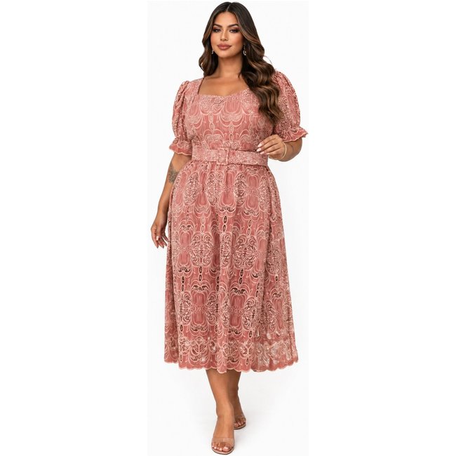 Vestido Midi Plus Size D Bell Outlet Fashion Manga Princesa Com Cinto Rosê