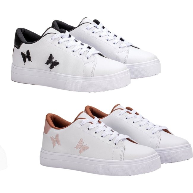 Kit 2 Pares Tenis Feminino Casual Borboleta Preto+Nude Estilo Shoes