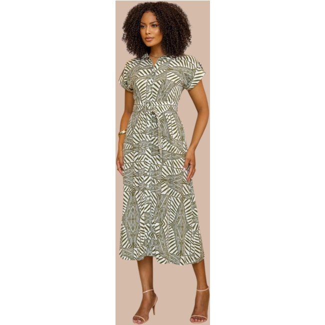Chemise Midi Ícone Fashion Manga Curta com cinto Estampa Folhagem Gráfica