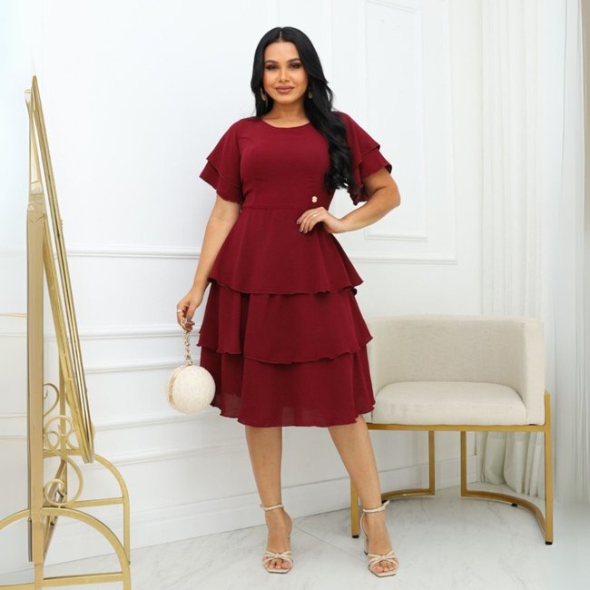 Vestido Midi Camadas com Babados Estilo Boho Manga Sino Em Duna Moda Cristã REF: Eliana
