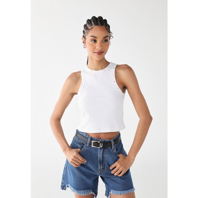 Regata Feminina John John Cropped Canelada Branca com Tachas