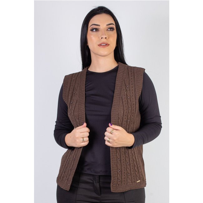 Colete de malha feminino com tranças 60006 - Marrom