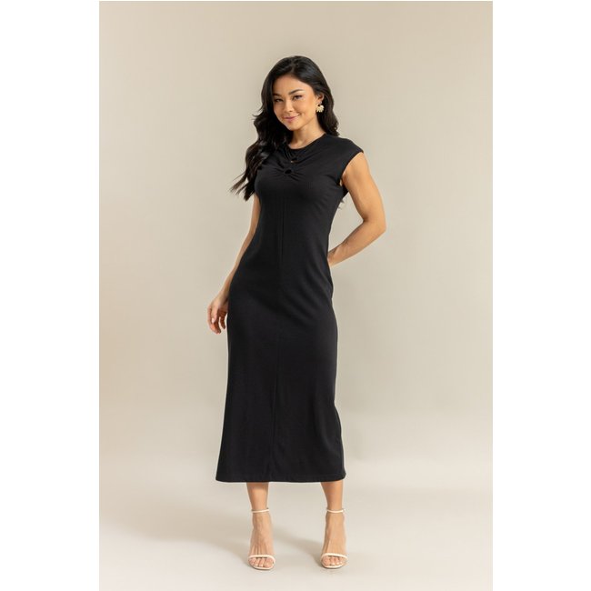 Vestido Canelado Midi Feminino com Abertura Posterior Preto