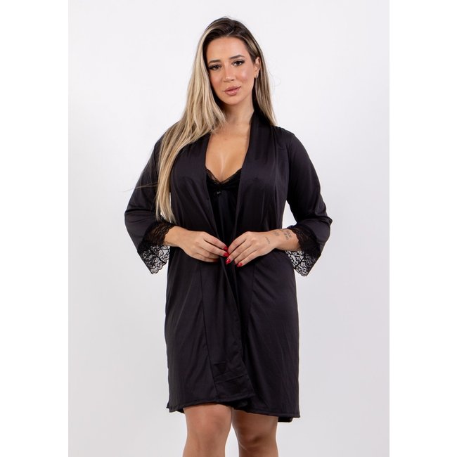 Robe Roupão Feminino 4 Estações Com Renda Manga Curta Luxo Verão Preto