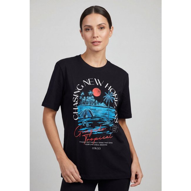 Camiseta Feminina Colcci Estampa Tropical Preta