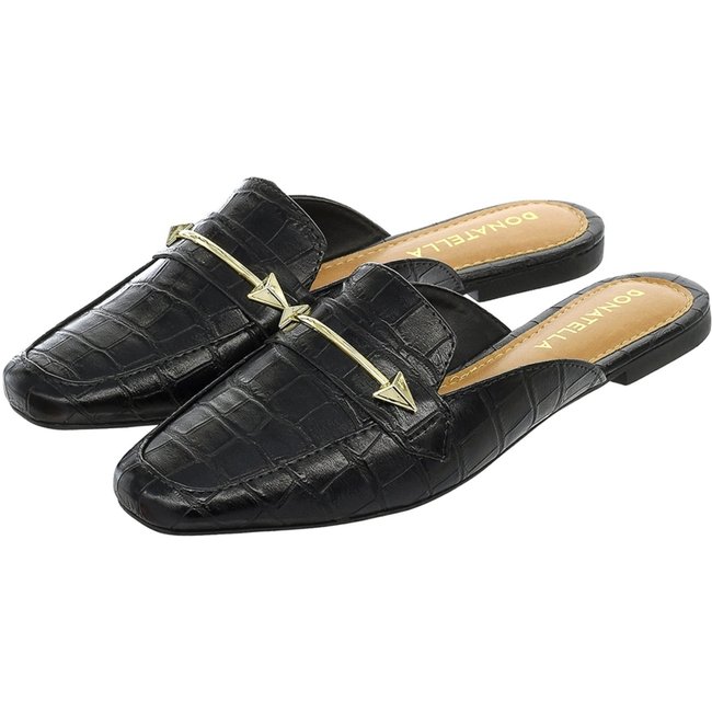 Sapato Mule Femino Donatella Shoes Bico Quarado Preto Croco