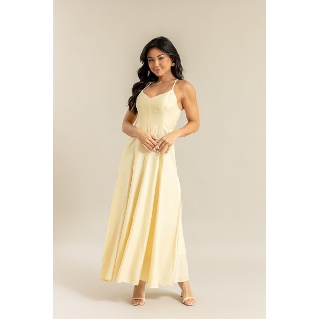 Vestido Cetim Feminino com Alças e Zíper Lemier Collection Amarelo