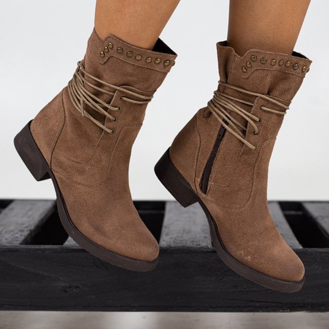 Bota Maria Paua Store Feminina Cano Médio Couro Amarração Conforto Coturno Bege