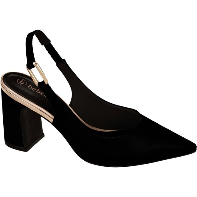 Sapato Feminino Slingback Preto Nobuck Bico Fino Salto Bloco Grosso cê