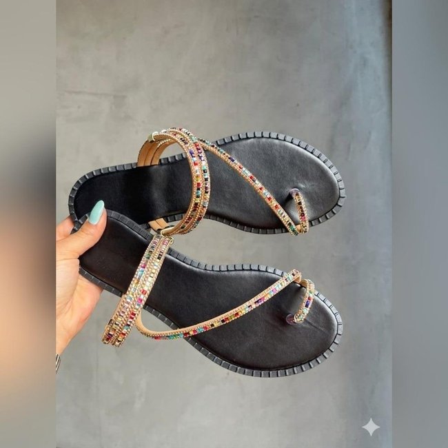 Sandália Feminina com Strass Ajustável Marrom 34 Preto