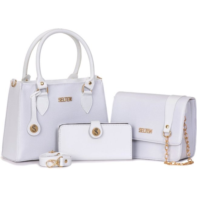 Kit Bolsa Feminina De Mão + Bolsa Pequena Alça Correta e Carteira Branca Selten