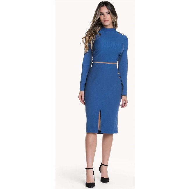 CONJUNTO FEMININO BLUSA E SAIA COM BOTÕES Azul