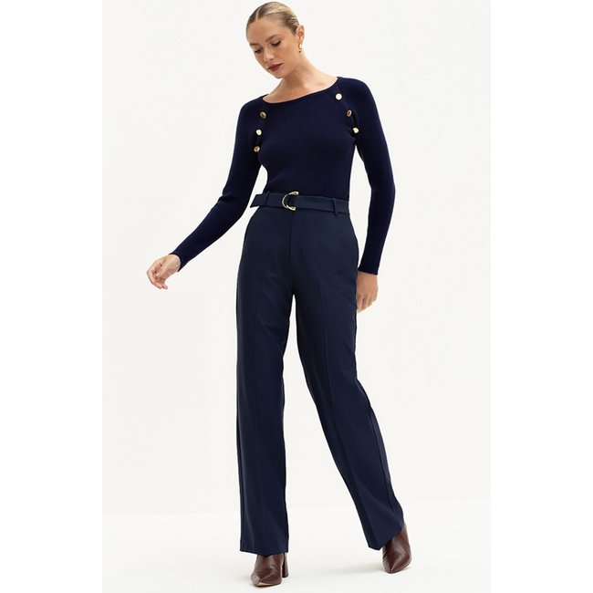 Calça Wide Leg de Alfaiataria Premium Marinho Índigo Valci