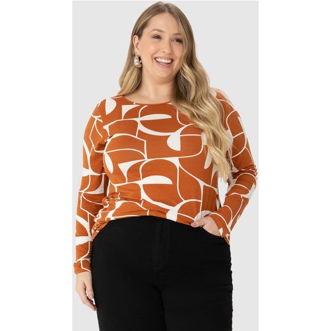 Blusa Feminina Plus Size Geométrico Manga Longa Em Viscose Stretch