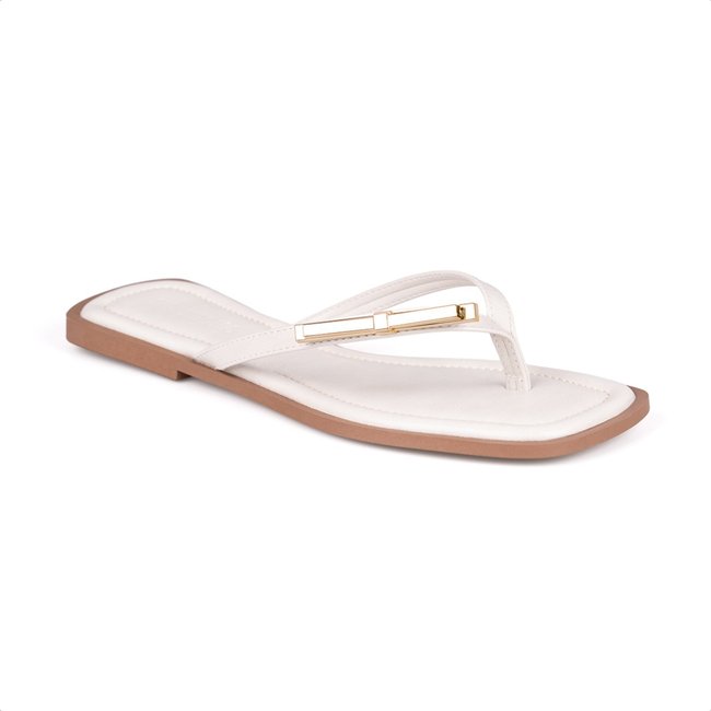 Rasteirinha Flat Off White De Dedo Laço Metálico Plana Bico Quadrado
