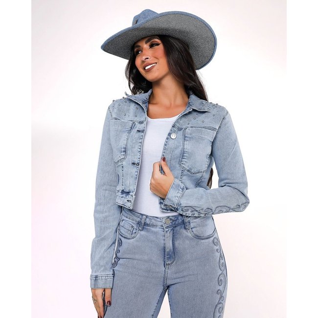 Jaqueta Jeans Cropped Feminina Bordado e Aplicação 24318 Clara Consciência
