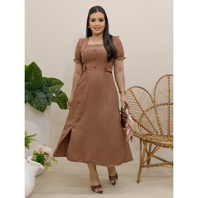 Vestido Elegante Moda Evangélica de Linho Decote Quadrado com Botões Elástico Social Marrom