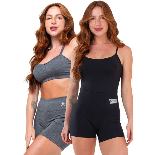 Kit Macaquinho Alcinha Costa Nua + Conjunto Fitness Top Alça Short Meia Coxa Zero Transparência - Preto + Cinza