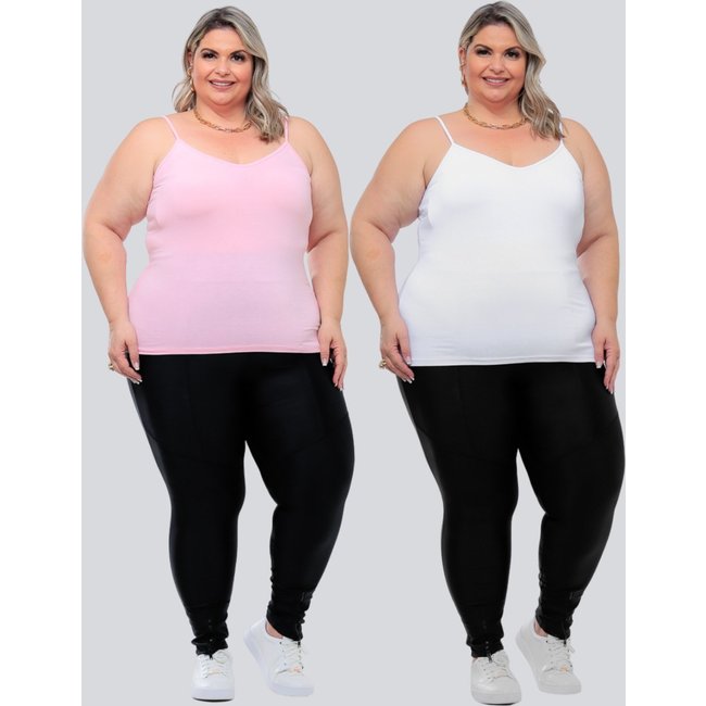 Kit 2 Peças Regata Plus Size Feminina Básica GARAIS MODA Alcinha Fina Leve estilo Casual moda Verão Blogueira Rosa Branco