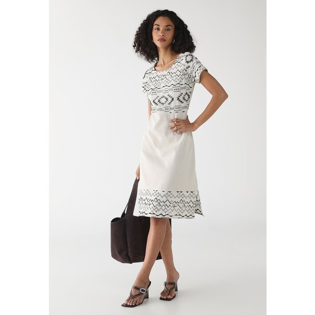 Vestido Feminino de Linho Bordado Midi Bege
