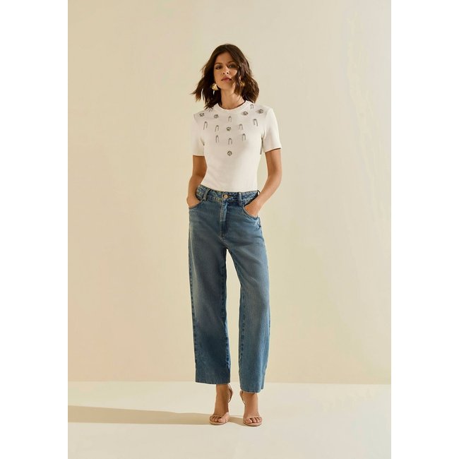 Blusa Morena Rosa Ajustada Decote Careca Manga Curta Padrão Estampado