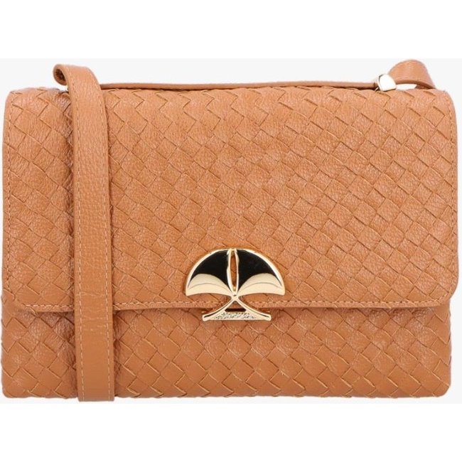 BOLSA MÉDIA EM COURO CARAMELO COM TRAMA E FECHO METÁLICO CALIANDRA