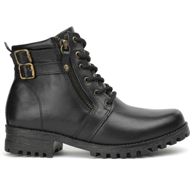 Bota Coturno Couro Feminino Cano Curto Salto Tratorado Baixo Zíper Cadarço Básica Casual Preto