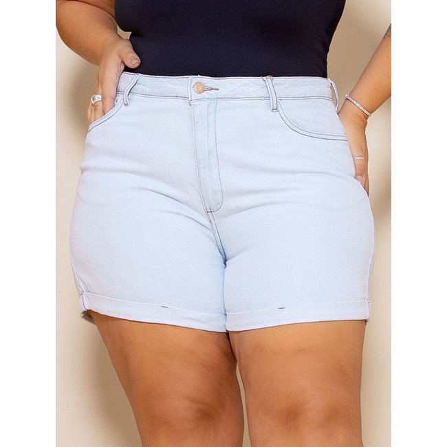 Shorts Jeans Plus Size Mom Lavagem Clara Cintura Alta Azul