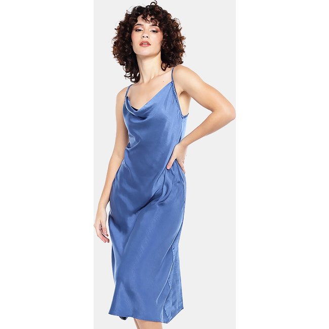 Vestido Midi Cetim Toque de Seda Decote Degagê Azul Sob