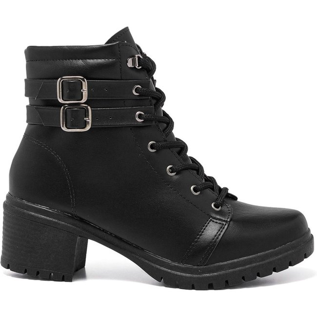 Coturno Feminino Stessy Shoes Bota Cano Curto Salto Baixo Dupla Fivela Preto