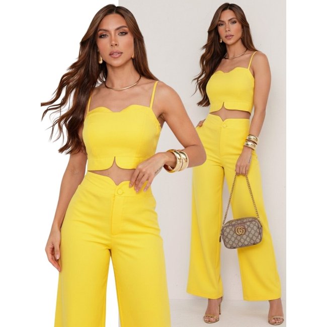 Conjunto Feminino Alfaiataria Divina Gata Cropped e Calça Pantalona - Amarelo Vita