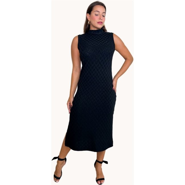 VESTIDO MIDI GOLA ALTA Preto