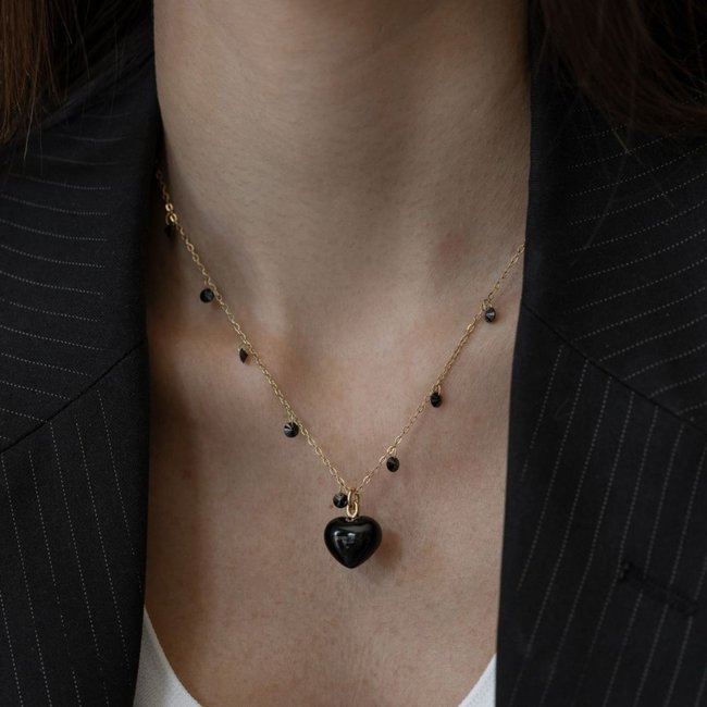 Infantil - Colar Delicado com Coração Preto e Bolinhas Preto e Branco Banhado a Ouro Ania Store