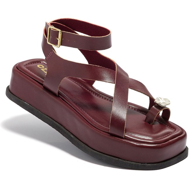 Sandália Feminina Plataforma Flat ABS Dourado Fivela Rasteira Confortável Original Olzzy Bordô