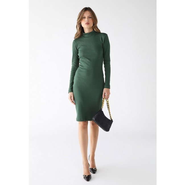 Vestido Curto Gola Alta Levosch Ribana Algodão Premium Verde Militar