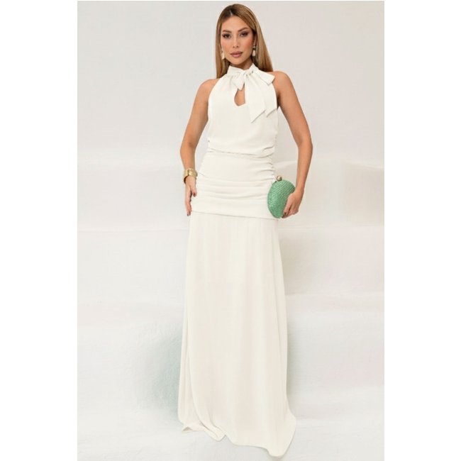 Vestido Linik Longo Crepe Drapiado C/Ziper Costa Off White