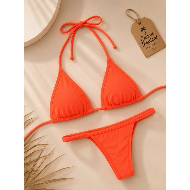 Biquíni Laranja Neon Feminino Cacau Tropical Top Cortininha com Calcinha Fita para Bronzeamento Moda Praia