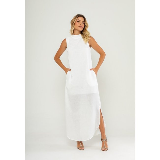 Vestido Longo Gola Alta E Fenda Lateral Salvatore Branco