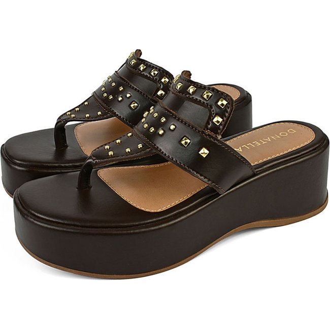 Sandalia Feminina Plataforma Anabela Donatella Shoes Chinelo de Dedo Bico Redondo Rebite Dourado Sola Alta Café