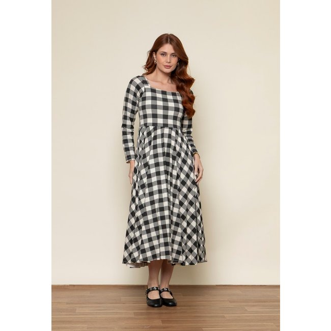 Vestido Aura Princesa Manga Longa Xadrez Preto