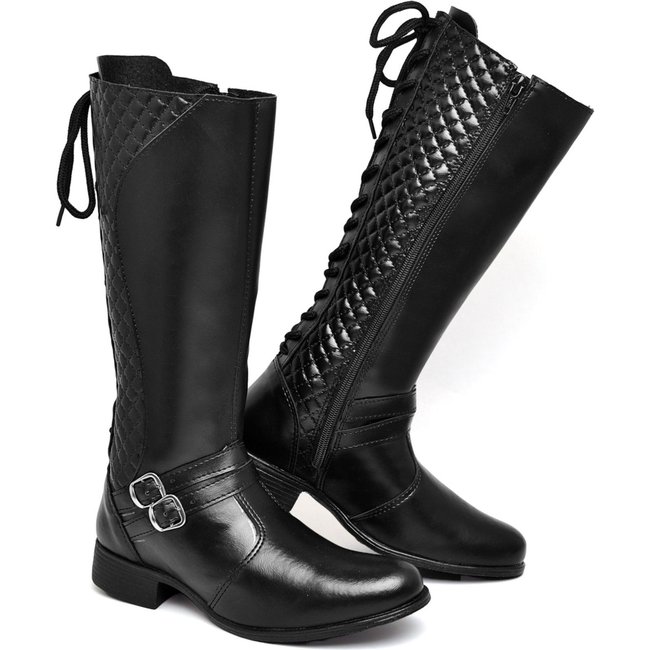 Bota Feminina Estilosa Cano Longo em Sintético de Amarração Preta Polo Blu do 33 ao 40