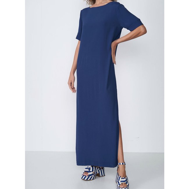 Vestido Longo Solto Com Fenda Colcci Azul Escuro