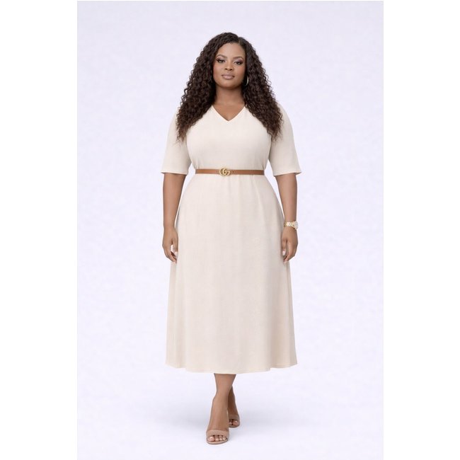 Vestido Midi Plus Size D Bell Outlet Fashion Gola V Com Cinto Bege Claro
