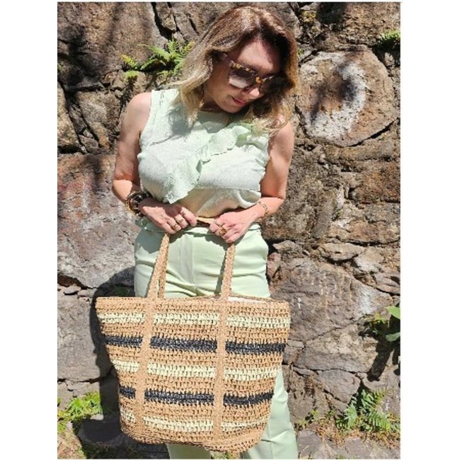 Bolsa de Praia Crisfael Grande em Palha Listrada - Sylvia